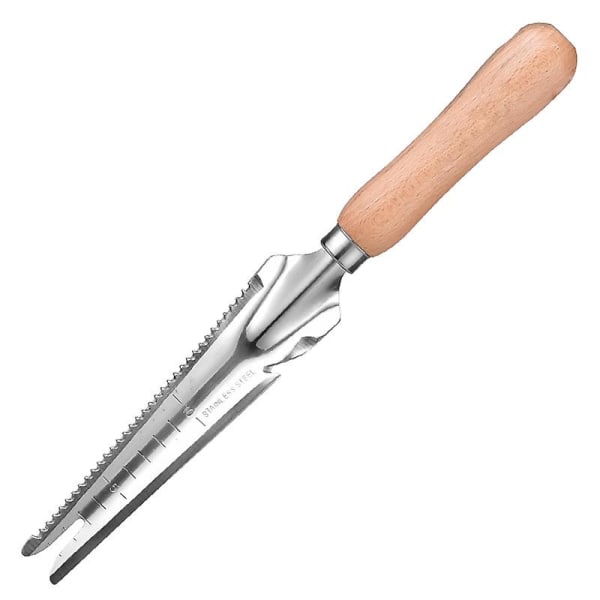 Ugressfjerner med trehåndtak, multifunksjonell i rustfritt stål, hageredskap for måling, spade, luking, omplanting, rustfritt stål, trehåndtak, plen