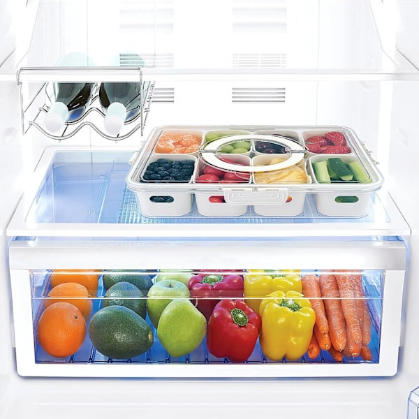 RIYI Snackle Box Container - 8-Compartment Serving Tray with Lid and Handle - Portable - for Veggie and Charcuterie Boxes