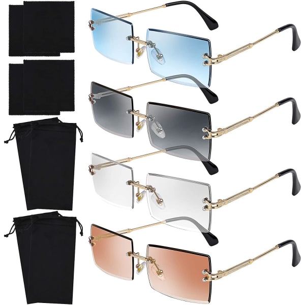 4 Pack reunattomat suorakulmion aurinkolasit Vintage reunattomat silmälasit Retro aurinkolasit metallikehykset miesten silmälasit Naisten harmaa läpinäkyvä sininen Gray transparent blue