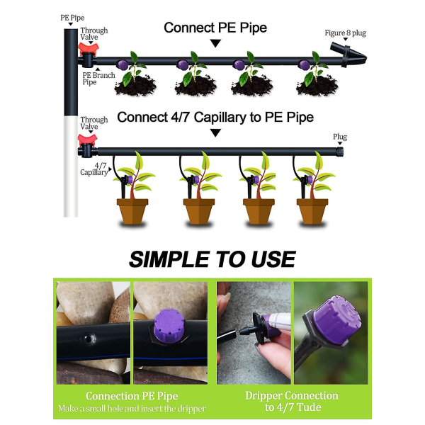 200 stk 1/4 tommers justerbare mikro drypp vanningssystem vanningssprinkler Anti-tilstopping Emitter Drypp Lilla Hagetilbehør Lilla Purple