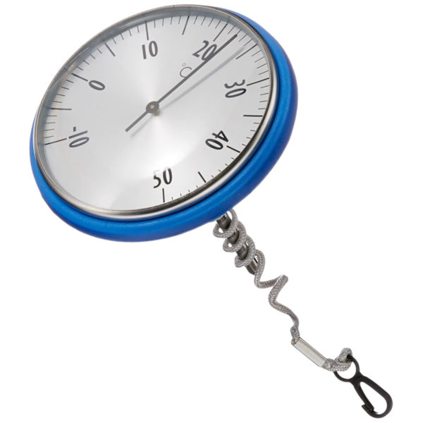 Analogt bassengtermometer, egnet for svømmebasseng og dammer, rustfritt stål, komfortabel avlesning, med festetau, blå