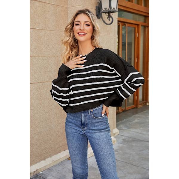 Naisten Pyöreäkauluksinen Lepakkohihainen Pitkähihainen Neulepaita Syksy Ylisuuri Rib-Neule Sivuhaara Pullover Top Black stripe XL