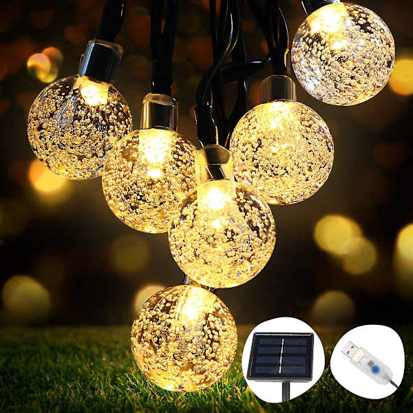 Solcelle-lysstreng, Feelysslyng 50 LED Krystal Kugler IP65 Vandafvisende, Ekstra USB-stik, 8 Tilstande Indendørs og Udendørs Dekorative Lys, Hjem/G