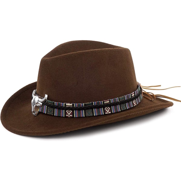 Unisex knusbar cowboyhat Western Cowgirl Outback-hat Cattleman Fedora med flettet bånd og Bull SkullBrown Brown