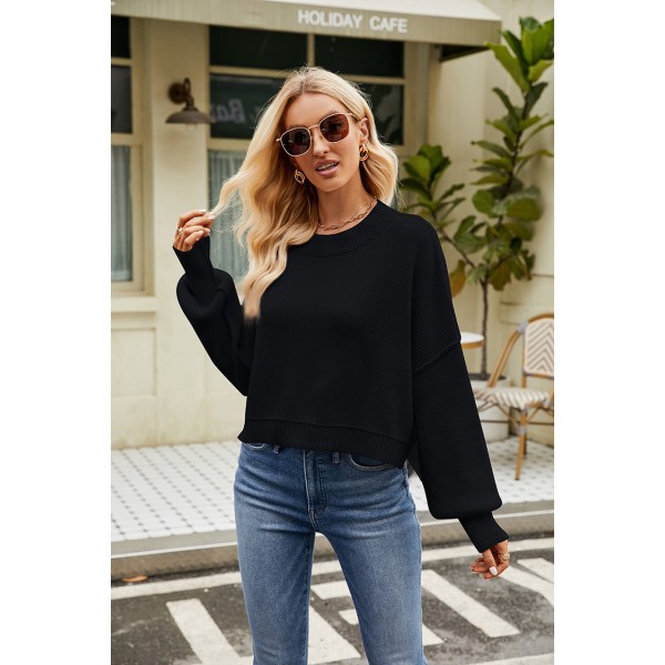 Høst Trøjer til Kvinder Langærmet Stribet Oversize Trøjer Trendy Casual Rundhals Strikket Toppe Trøje black S