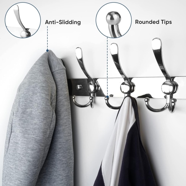 Väggmonterad Kapphängare, Fem Tunga Tri-Krokar Allt Metallkonstruktion för Jacka Kappa Hatt i Mudroom Entré (1-pack)