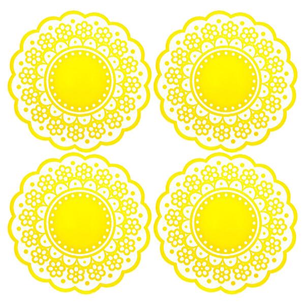 4pcs Translucent Hollow-out Lace Pattern Non-slip Insulated Round Silicone Cup Coasters Mats Pads Holders (pink)Yellow