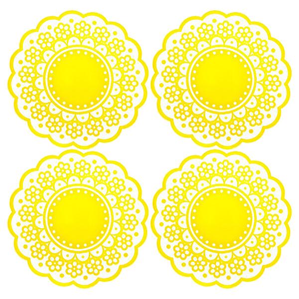 4st genomskinliga ihåliga spetsmönster Halkfri isolerade runda silikonkoppunderlägg Mattor Kuddar Hållare (rosa)Gul Yellow