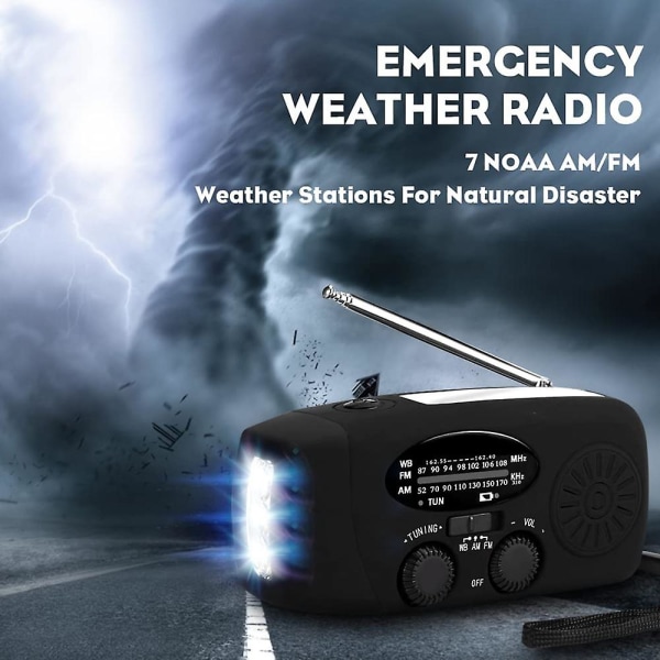 Käsikampiradio taskulampulla hätätilanteita varten, kannettavat aurinkoradiot, itse toimivat Am/fm Noaa Weather Radio Power Bank matkapuhelinlaturi, USB RBlack Black