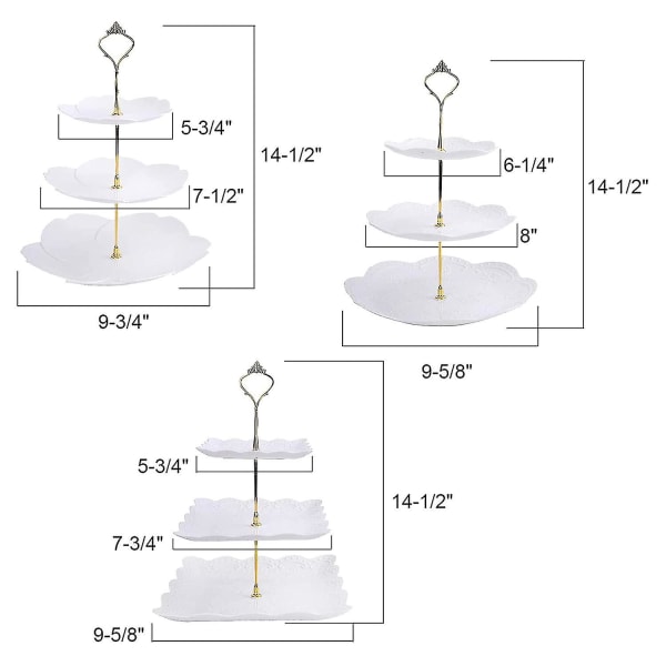 3-pakks 3-trinns hvit cupcake-stativ dessertfat holder trinnbrett