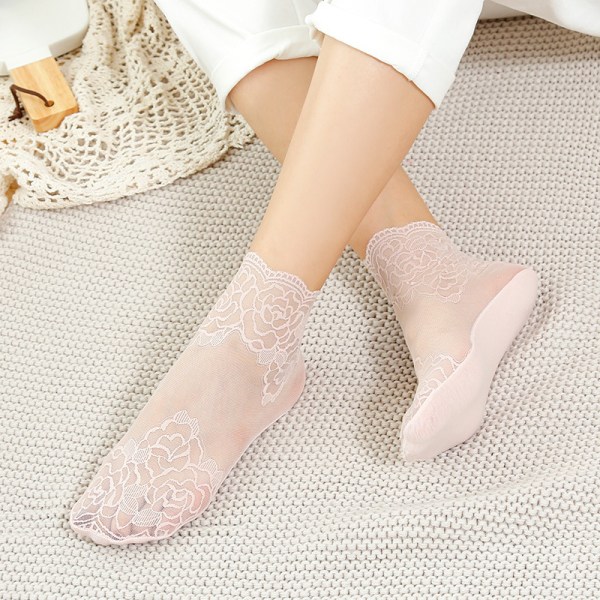 3 Par Casual Sneakers Kvinnor Spets Crewstrumpor Korta Strumpor Blommiga Tunna Strumpor Spets Tunna Strumpor Pink 3 Pairs