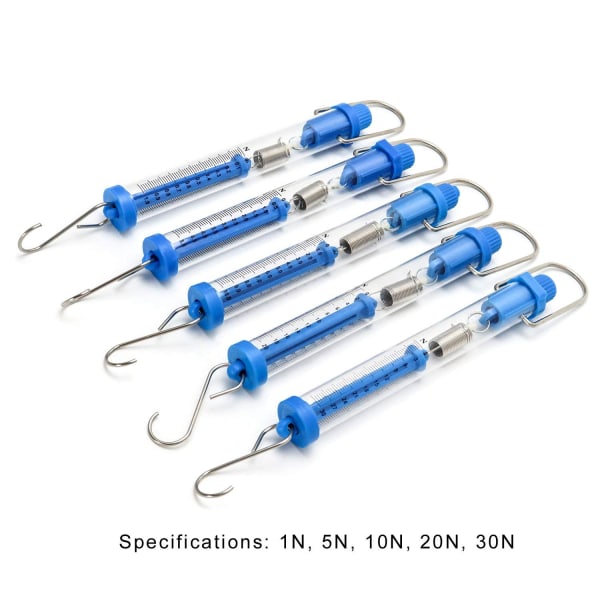 Sett med 5 fjærvekter, gjennomsiktig hengende rør-fjærvekt, 1N, 5N, 10N, 20N, 30N
