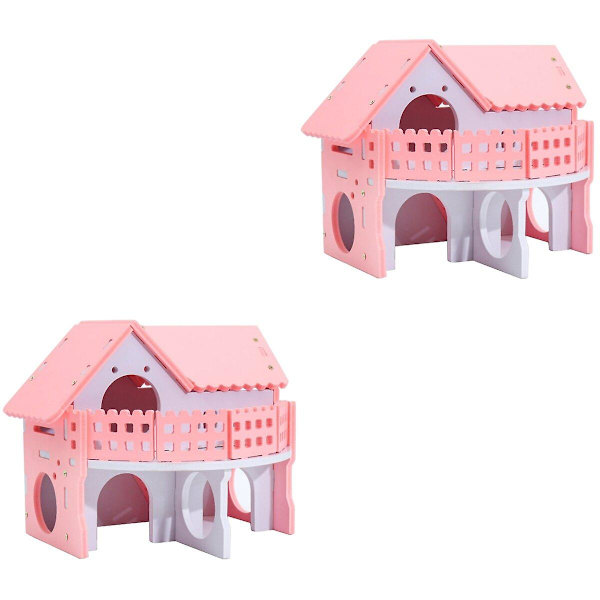3 st Rosa Trähus för Hamster Ekologisk Dubbelvånings Stege Villa Vinter Varm Färgrik Bräda Säng Hus 2pcs
