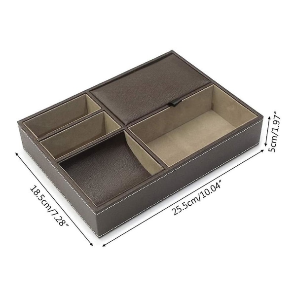 Læder Skrivebords Opbevaringsarrangør, Multi Catchall Bakke, Valet Bakke, Natbord Eller Kommodearrangør - 5 Rum Tegnebog, Telefon, Nøgler, Smykker, Brun Brown