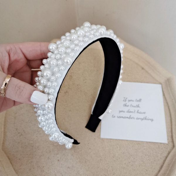 Hvid Kunstig Perle Knude Glansende Satin Bred Chunky Perlet Brudes Diademer Elegant Hårbøjle Kvinder Piger Hår Styling Tilbehør