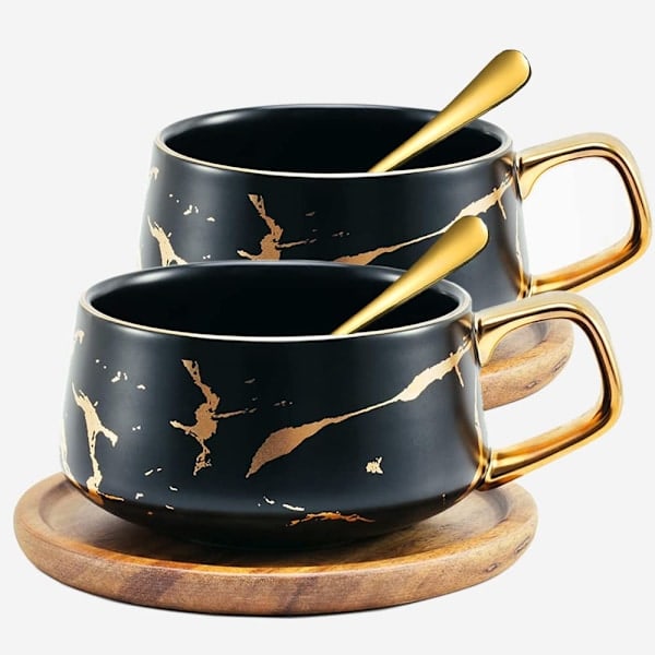 2 stk. tekop og underkop sæt, porcelæn espresso kaffekop sæt, med underkop og ske, keramiske krus sort, 300 ml