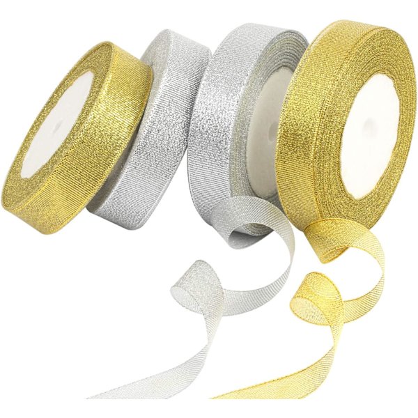 Organza bånd med glitrende metal dekorativt bånd, brugt til julegaver og buket dekoration (4 stykker blandede farver)