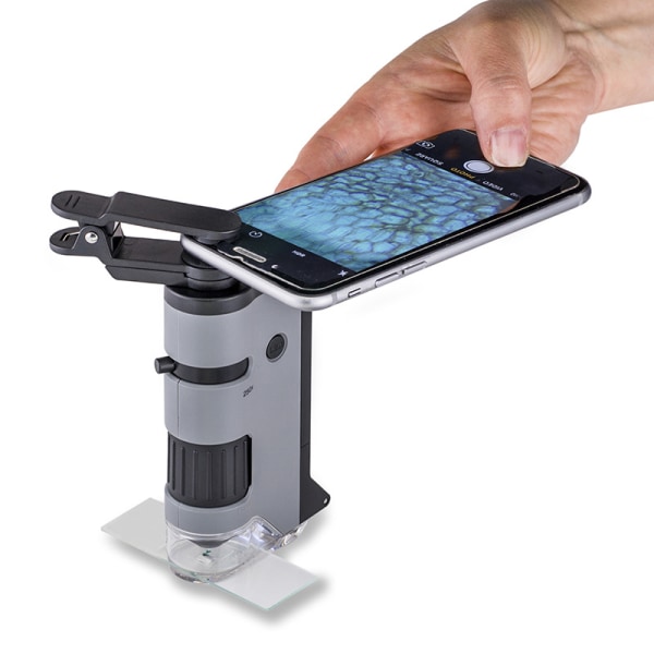 250x LED- og UV-belyst lommemikroskop med Flip Down Slide Base og Smartphone Digiscoping Clip