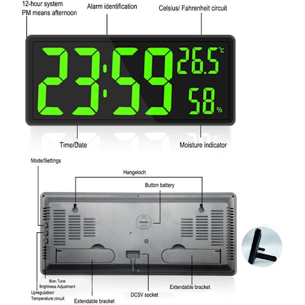 RY-Stor digital väggklocka, stor digital väggklocka med temperatur och luftfuktighet, digital väggklocka med LED-siffror för sovrum, kontor, tydlig R