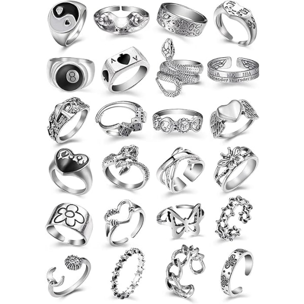 Vintage sølv åbne punkringe til mænd, kvinder, 24 STK Justerbare ringe, Alt-ringe, Chunky sølvringe, voluminøse ringe, Hippie-ringe