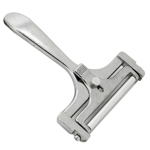 Ostehøvl med rulle og skæretråd, variabel skivetykkelse, rustfrit stål/aluminium, retrodesign, roterende skive, sølv_RY