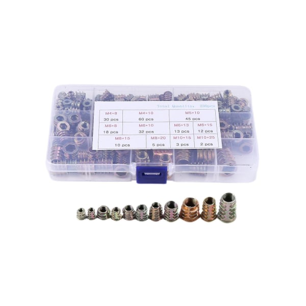 Paket med 230 skruvmuttrar M4/m5/m6/m8/m10 Zinklegering Hex Socket Nut, gängad insats, träskruvmuttrar F