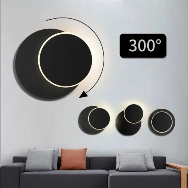 LED vegglampe i smijern med roterende design, nattlampe for soverom, interiørdekorasjon, svart