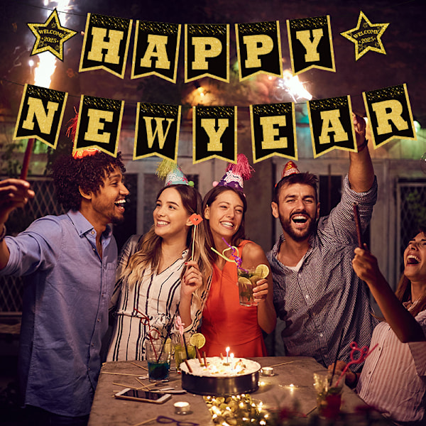 Hyvää Uutta Vuotta 2025, Musta ja Kulta Happy New Year -juhlatarvikkeet, Ripustettava Lippu Uudenvuoden Eve -juhlatarvikkeiden Koristeluun