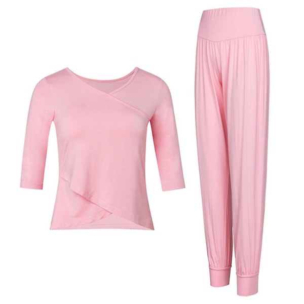 1 set lösa yogakläder Träning Fitness T-shirt Byxor Halvärm Kläder RosaM Pink M