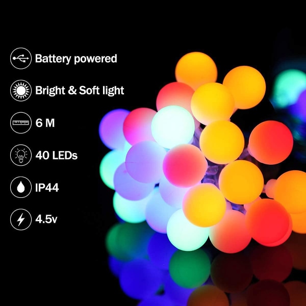 Spherical String Lights, 6m 40 LED Små Kugler, Batteridrevet Indendørs Og Udendørs Dekorationsbelysning, Til Hjem/soveværelse/have/balkon/fest/jul