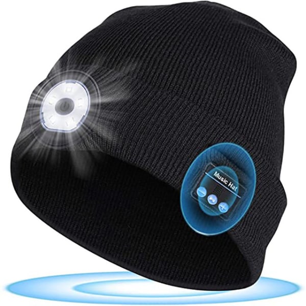 Lysande trådlös musik bluetooth mössa, inbyggda stereohögtalare och mikrofon, USB uppladdningsbar LED lysande stickad mössa