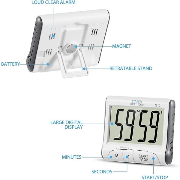 Köktimer, 24h Digital Magnetisk Elektronisk Köktimer Digital Timer Med Ljudalarm LCD-Display Nedräkningstimer Magnetisk Hållare - Vit