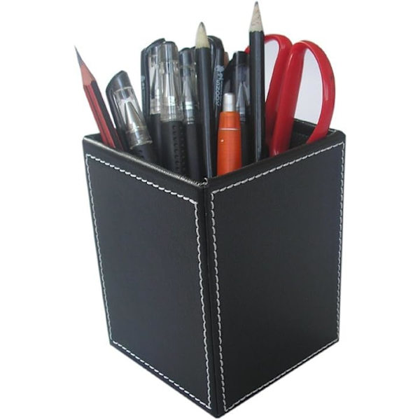 Læder Firkantet Penne Blyanter Holder Kop Skrivebords Kontorartikler Organizer Case Kontor Tilbehør Container Box (Sort)