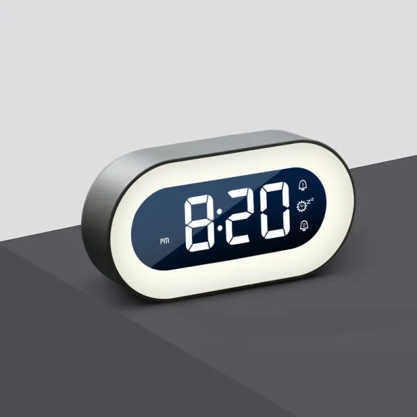 Svart smart nattljus digital väckarklocka med inomhustemperatur, manövrerad skrivbord liten klocka (vit)