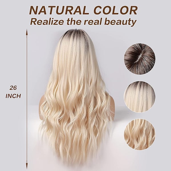 26 Tommer Lang Blond Parykk for Kvinner Naturlig Syntetisk Hår Ombre Blond Parykk med Mørke Røtter Syntetisk Parykk Løst Bølget Parykk Varmebestandig