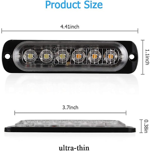 4-pack 12-24V Nödljusstänger med blixt - 6 LED-blixtvarningsljusremsor för lastbil, motorcykel, bil - Gul & Vit
