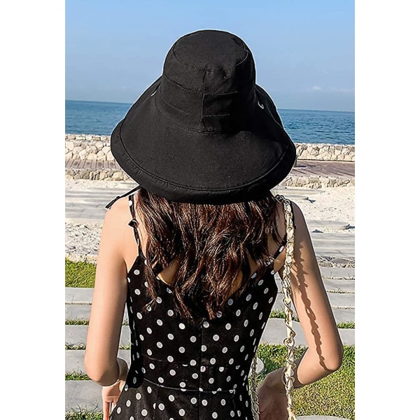 Damhatt, Vikbar, Vändbar, Bucket Hat, UV-Skydd, Bred Brätte, Sommar, Strand, Svart Black