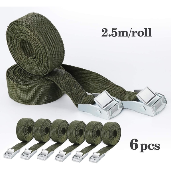 Lashing 6 stk., 2,5 cm X 2,5 m Lashing Strap Fastgørelsesrem Til Bagage/Campingudstyr, Rem Lash Til Bil/Van, Trækkraft 250 kg