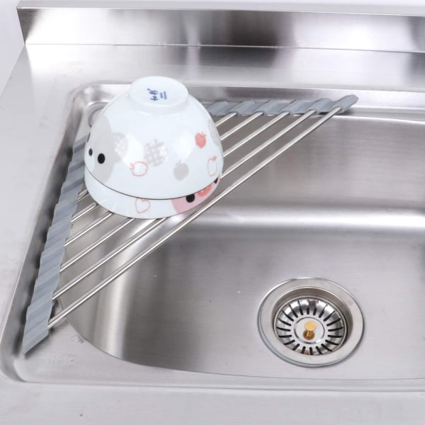 Liten Triangelformad Upprullningsbar Dish Drying Rack med Silikonbeläggning Rostfritt Stålram för Diskhohörn, Multifunktionell Över-Diskho Köksavrinnare