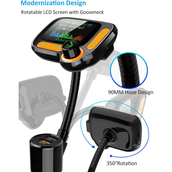 Bluetooth FM -lähetinautosovitin, Langattoman handsfree-puhelun ja MP3-musiikin/APP-äänentoiston tuki, 1,8 tuuman värinäyttö, 3 USB laturia,