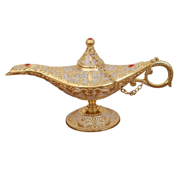 Klassisk Aladdin Magisk Genie-lampa Legend Önske-lampa Kostymlampa Metall Skuren Rökelsebrännare För Hemmet Bordsskåp Dekoration Guldvit Gold white