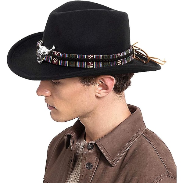 Unisex murskattava Cowboy-hattu Western Cowgirl Outback -hattu Cattleman Fedora, jossa punottu nauha ja härän pääkallo Black