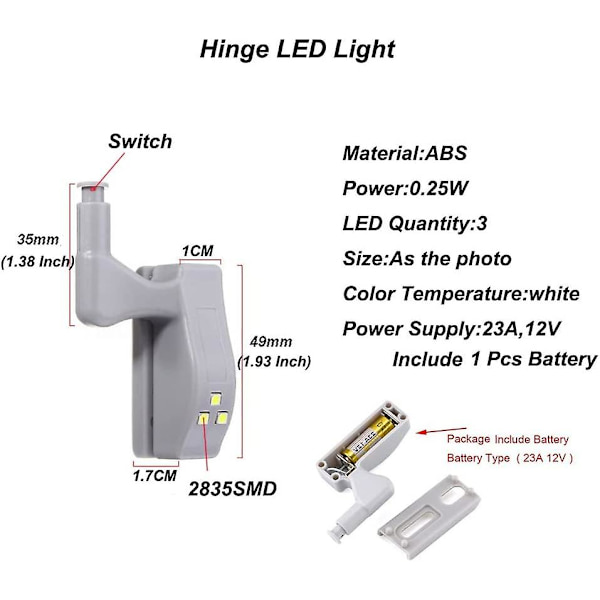 LED-hengsellampe Universell Hjem Kjøkken Kontor Dørlys Hotellskap Skap Automatisk Bryter Kald Hvit Belysning Lampe Skap Nattlys (batteri