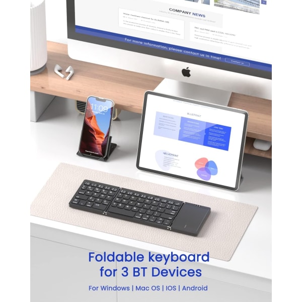 Fällbart Bluetooth-tangentbord, Fällbart bärbart trådlöst tangentbord med pekplatta, Reseficktangentbord Smartphone Tablet & Laptop