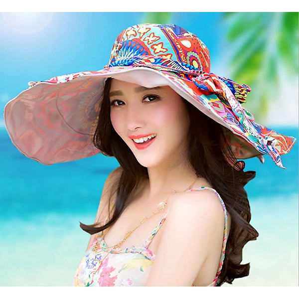 Damhatt Solhatt Packbar Vändbar Bucket Hat UV-skydd Bredbrättad Sommar Strandkeps En Blommig Beige A floral Beige