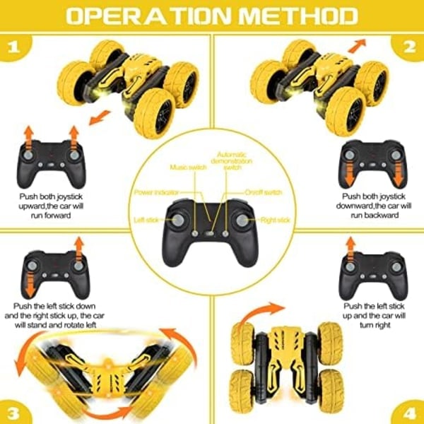 Highttoy RC Stuntbil 4WD 360° Flip - Musikk/Lys, 2 Batterier for Barn 3-12 År (Gul) GUL -_RY