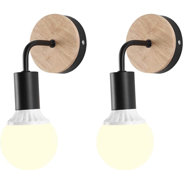 Sæt af 2 Vintage Industrielle Indendørs Vægskinner E27 Vægskinne Lysarmatur Metal Lampskærm med Træbase til Stue Gang Bar Soveværelse (Sort