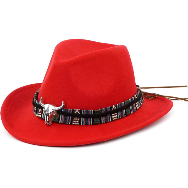 Unisex Krossbarbar Cowboyhatt Western Cowgirl Outbackhatt Cattleman Fedora Med Flätad Band Och Tjurskalle Röd Red