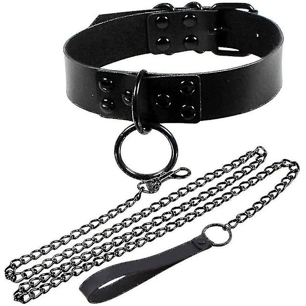 Halsband i läder med cirkel för kvinnor, läderchoker med metallring