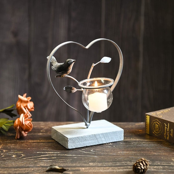 Lysestaker, Vintage Hjemmedekor Senterstykke, Jern Greiner, Harpiks Fugl Og Rede, Borddekorativ Te-Lys Stativ Hjerteformet Grå Heart Shaped grey